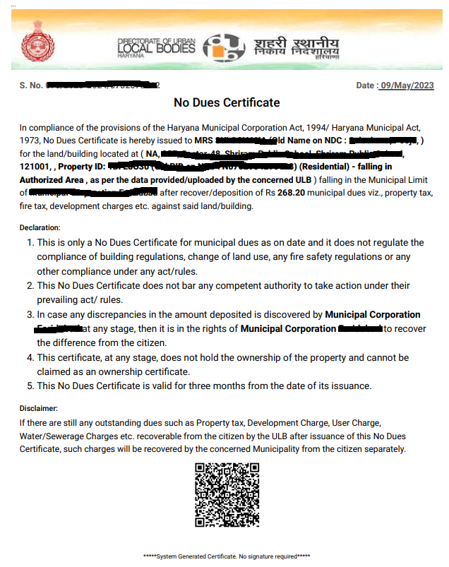 no dues certificate haryana